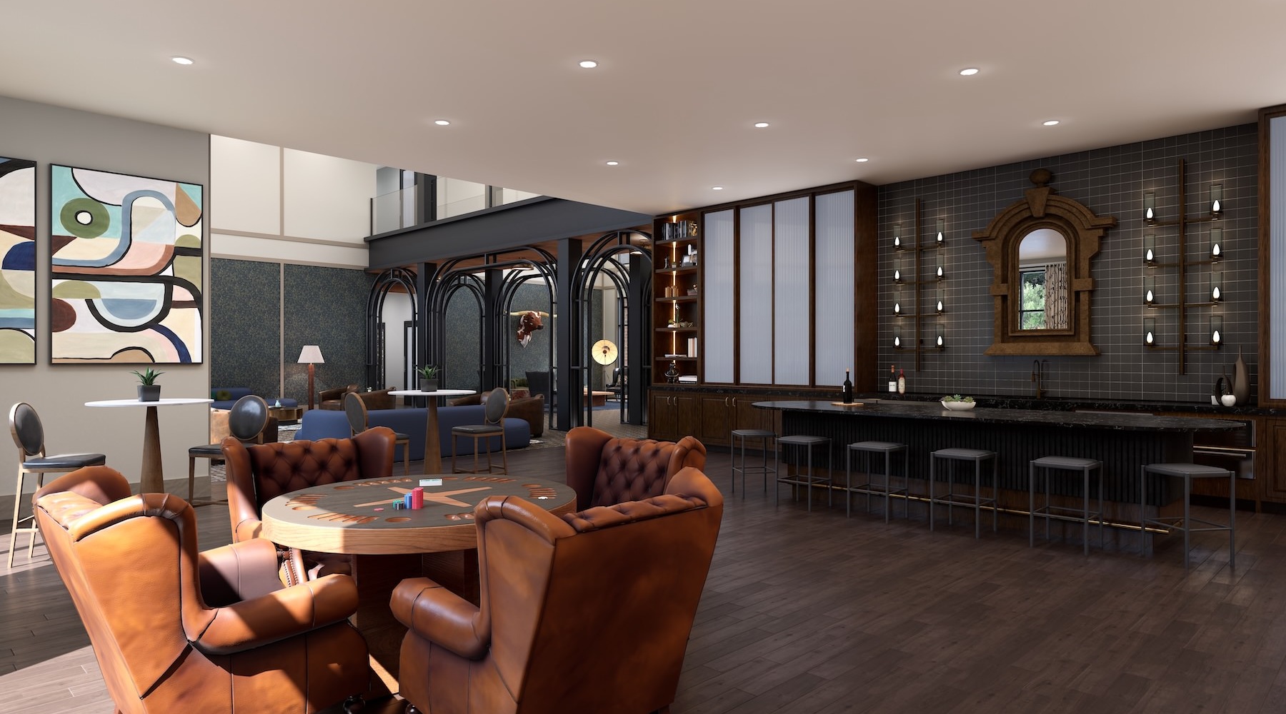 Chairs with poker table and large kitchen